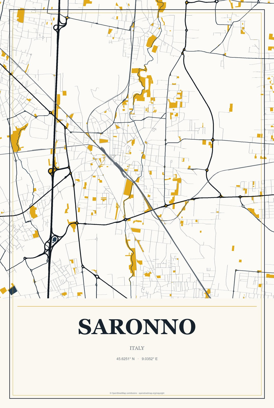 Saronno, Italy City Map Aluminum Sign in Citrine Modern style