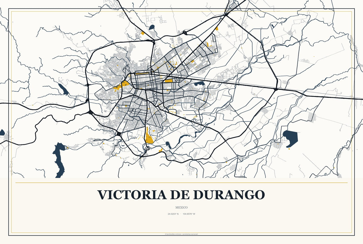 Victoria de Durango, Mexico City Map Aluminum Sign in Citrine Modern style