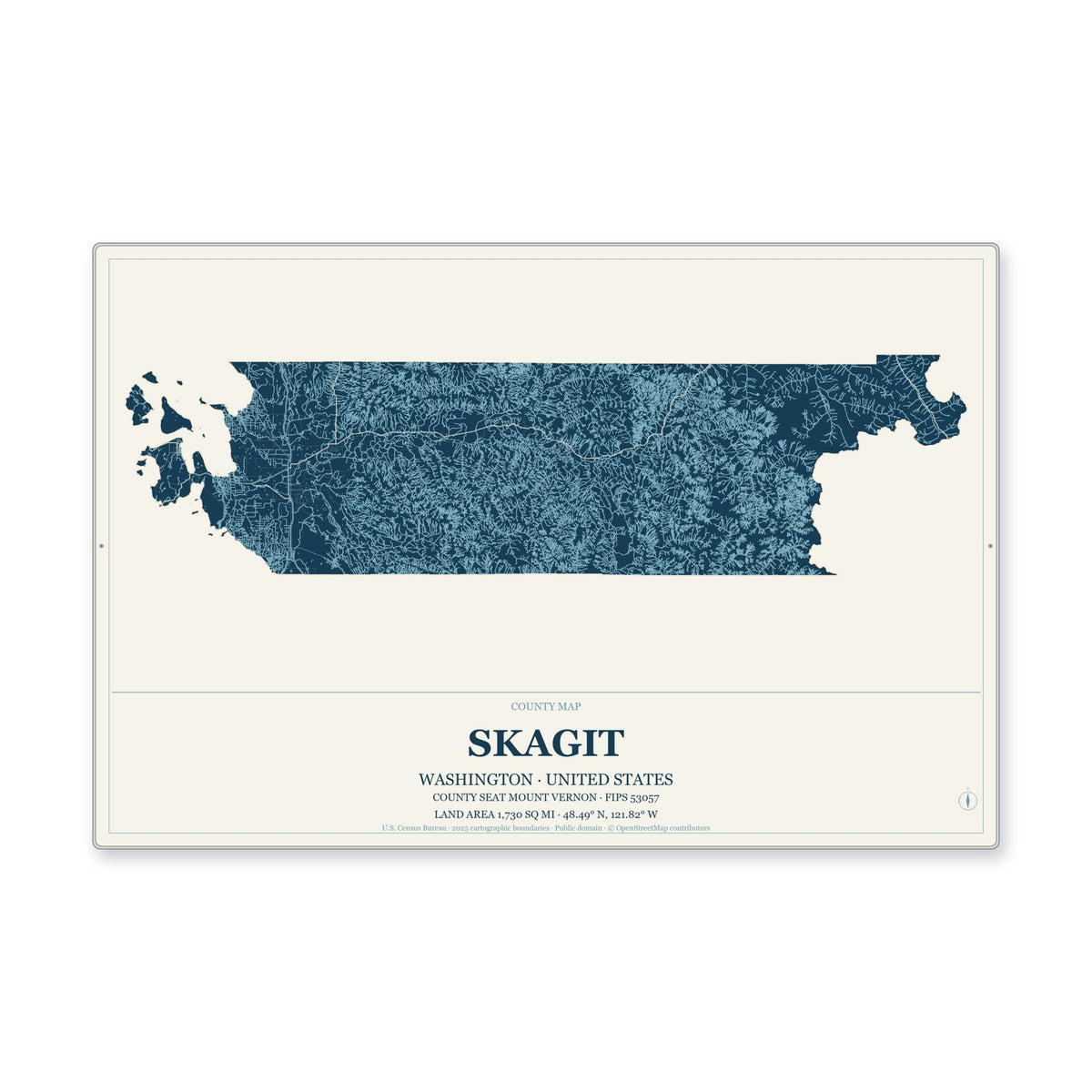 Skagit County, Washington Map Aluminum Sign in Coastal Cutout style