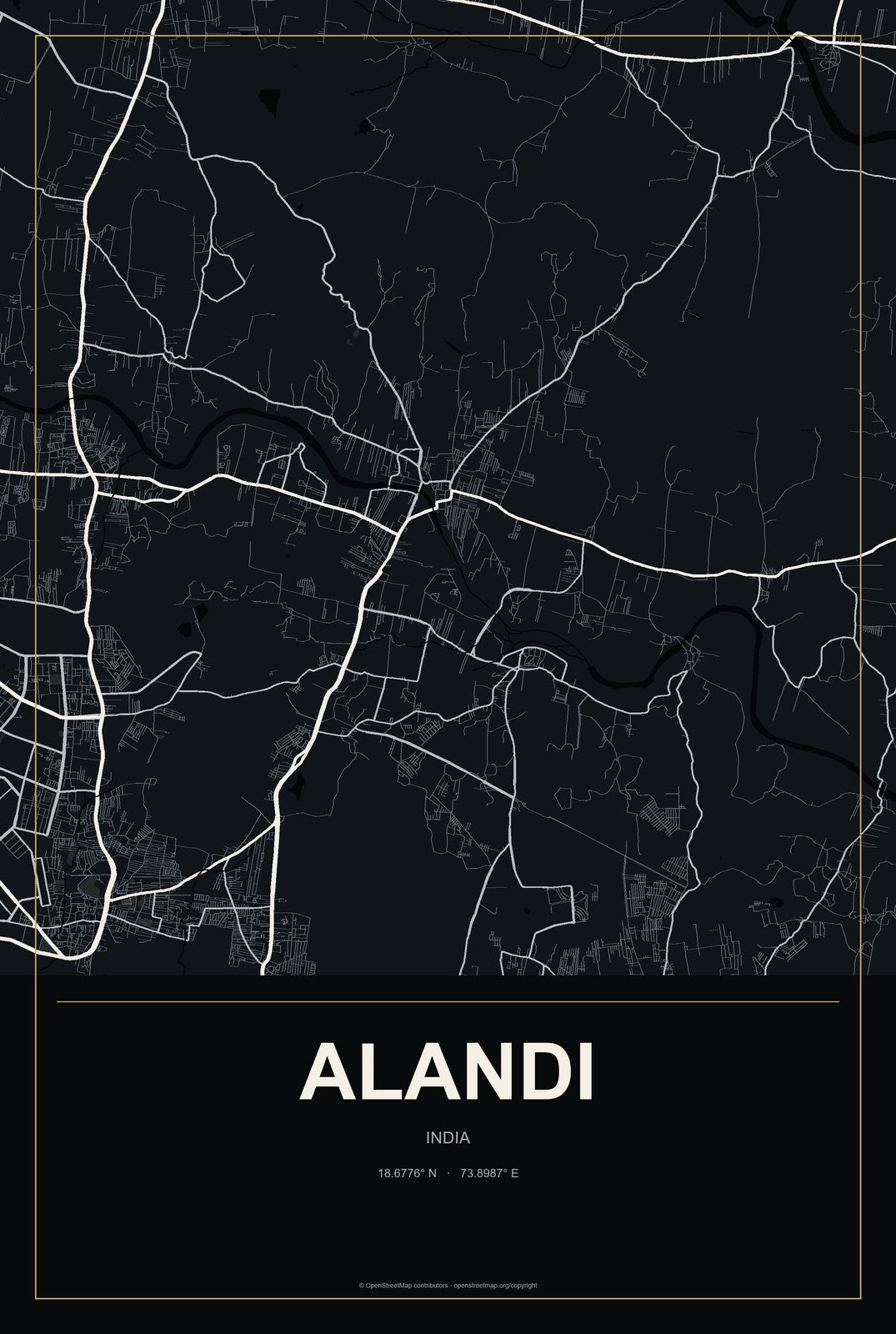 Alandi, India City Map Aluminum Sign in Metropolitan Noir style