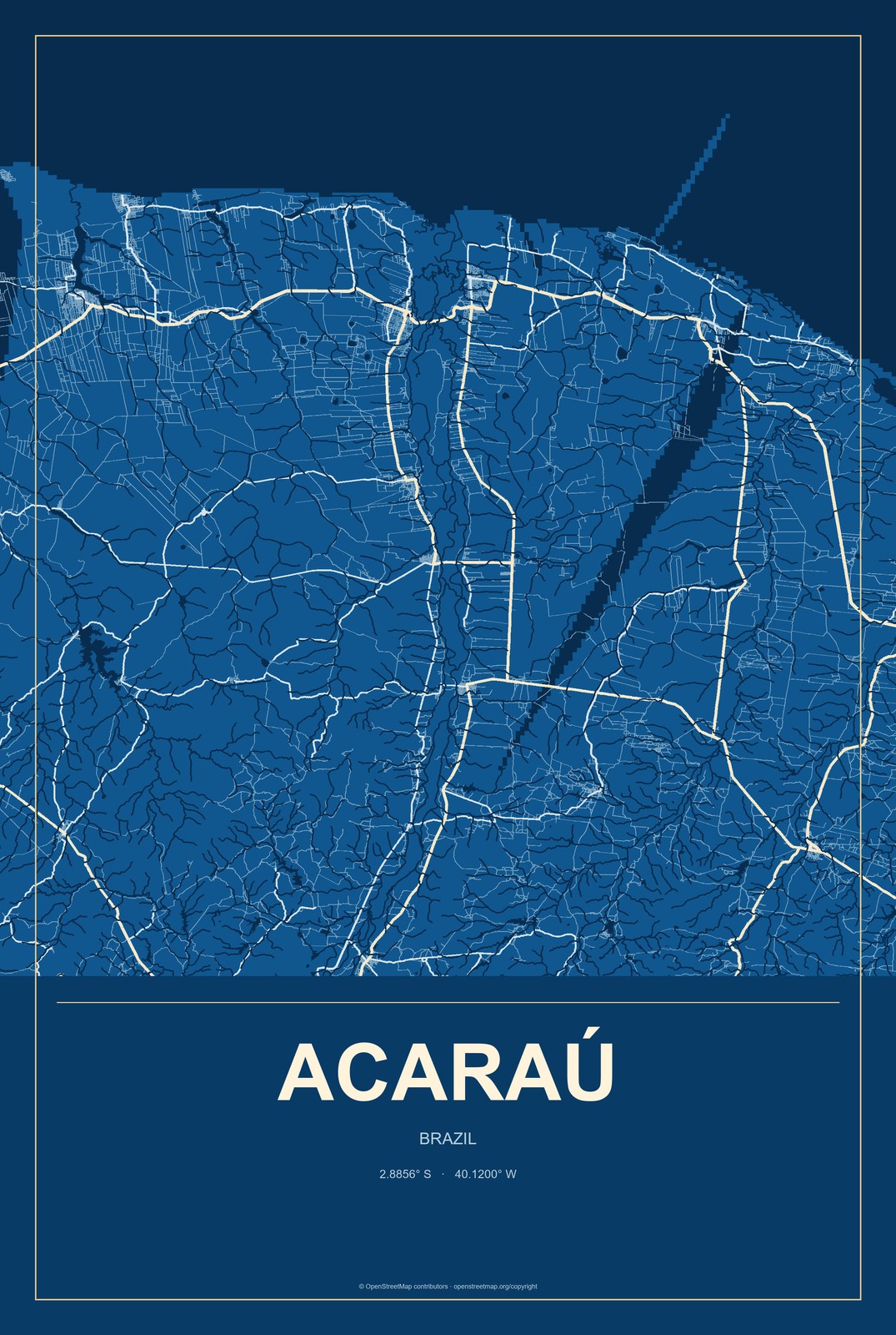 Acaraú, Brazil City Map Aluminum Sign in Harbor Cobalt style