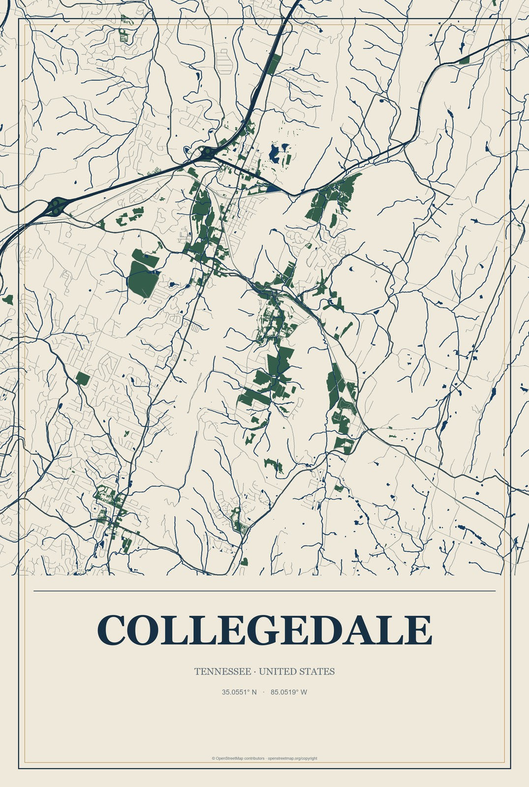 Collegedale, Tennessee City Map Aluminum Sign in Coastal Cutout style
