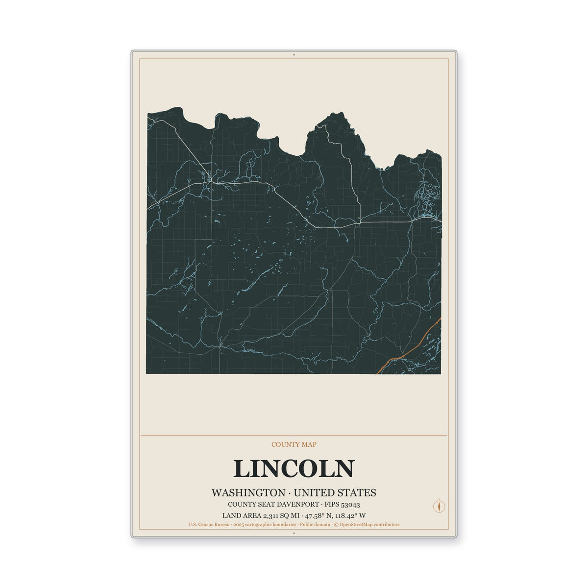 Lincoln County, Washington Map Aluminum Sign in Headline Atlas style