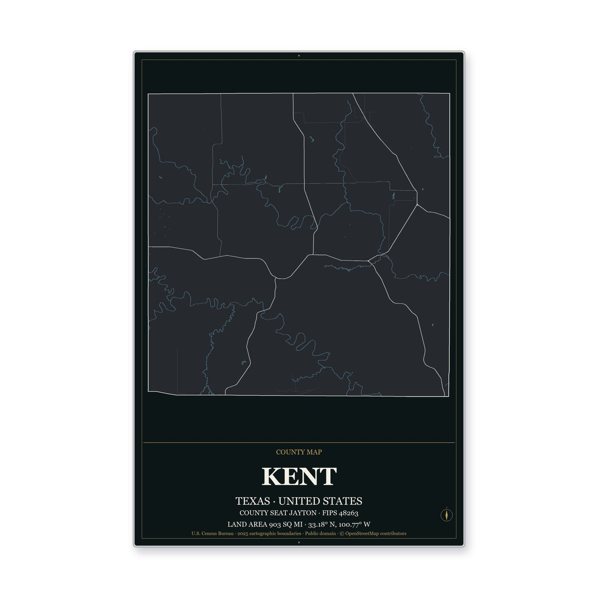 Kent County, Texas Map Aluminum Sign in Metropolitan Noir style