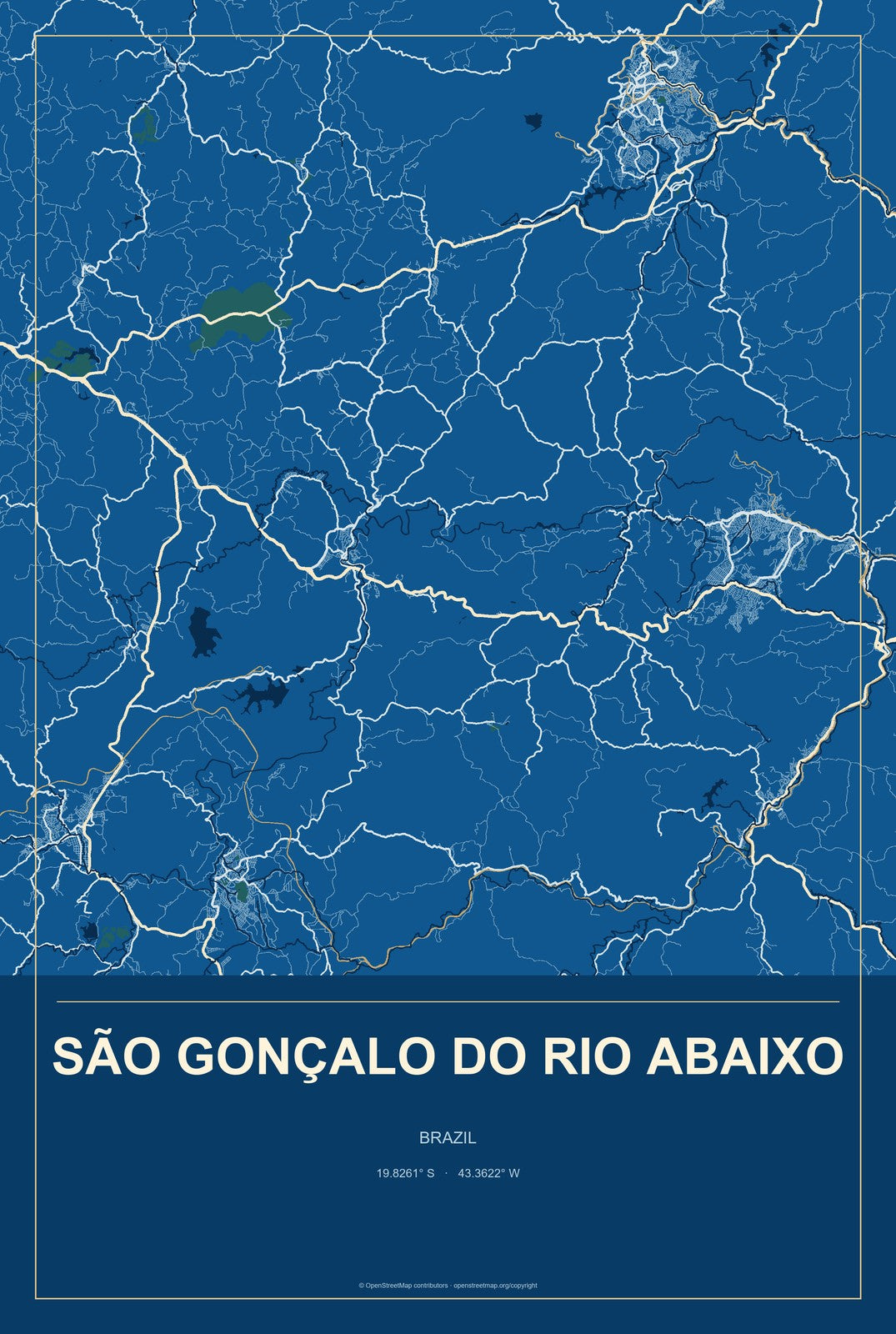 São Gonçalo do Rio Abaixo, Brazil City Map Aluminum Sign in Harbor Cobalt style