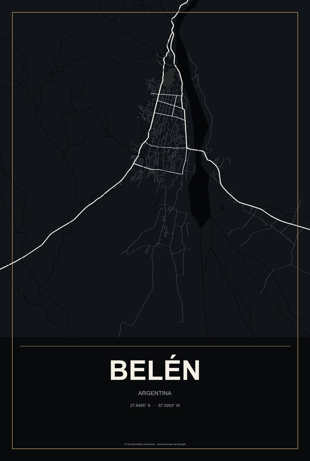 Belén, Argentina City Map Aluminum Sign in Metropolitan Noir style