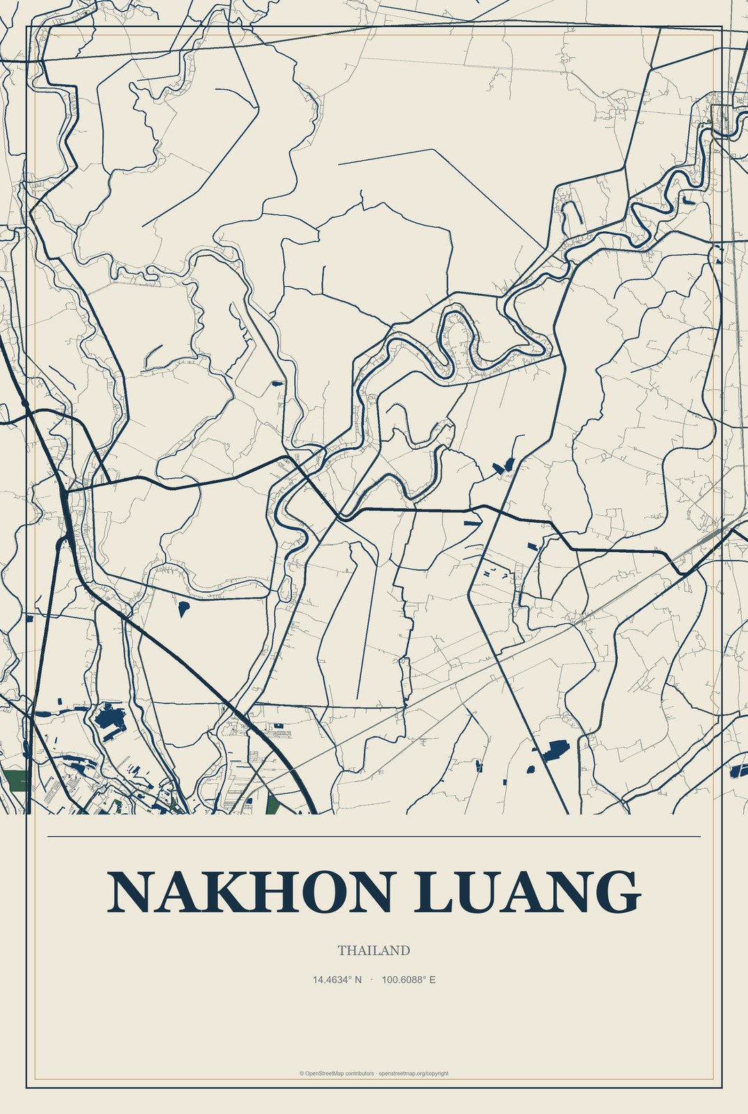 Nakhon Luang, Thailand City Map Aluminum Sign in Coastal Cutout style