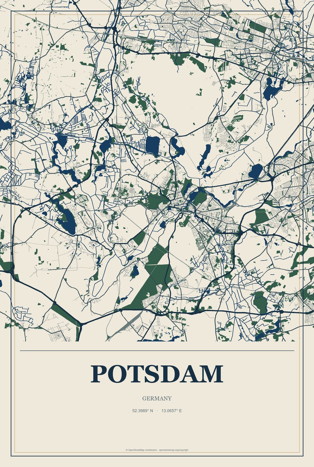Potsdam, Germany City Map Aluminum Sign in Coastal Cutout style