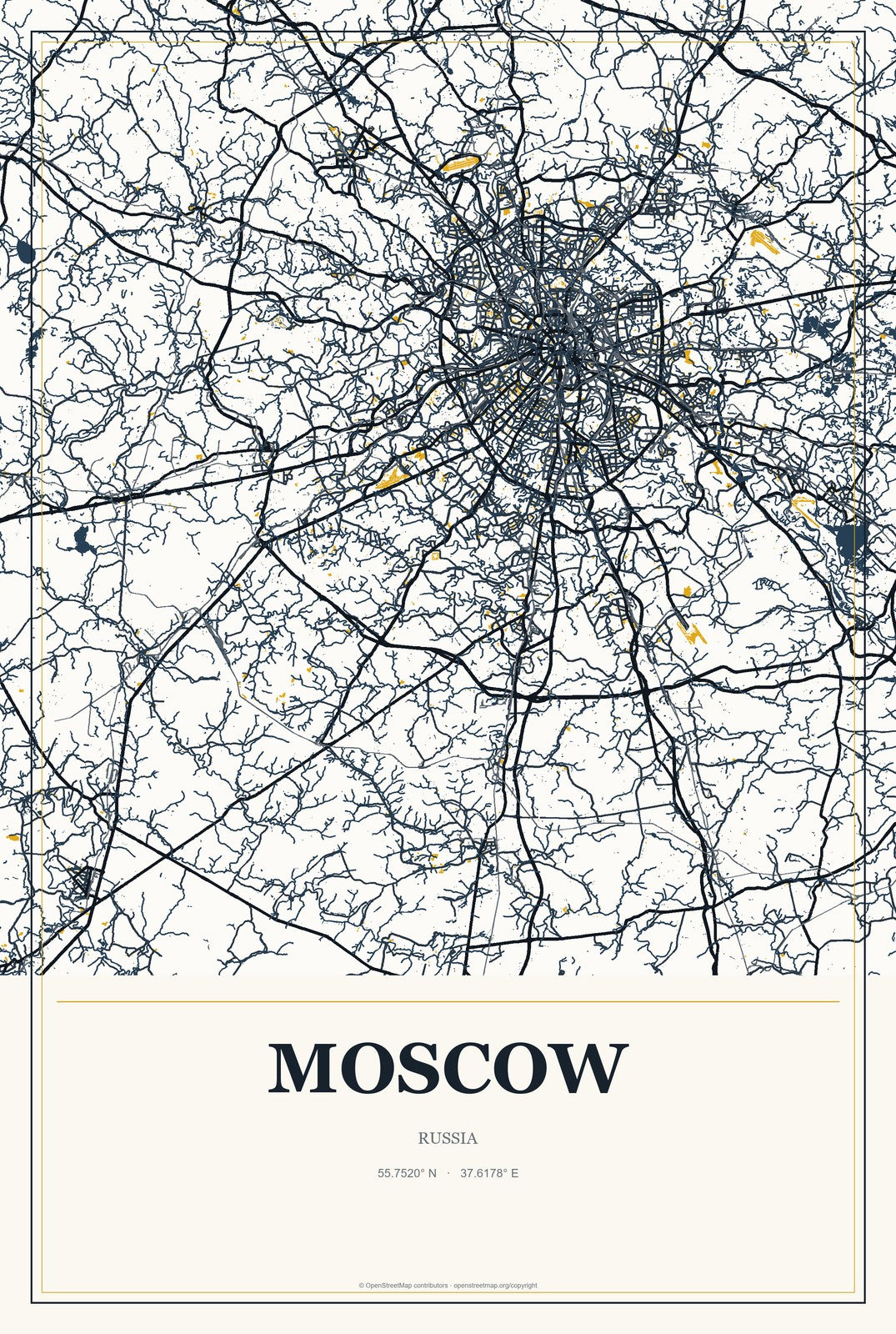 Moscow, Russia City Map Aluminum Sign in Citrine Modern style