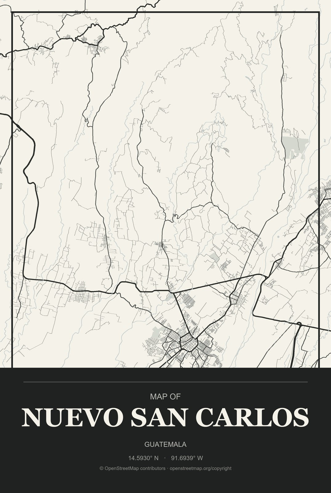 Nuevo San Carlos, Guatemala City Map Aluminum Sign in Museum Plaque style