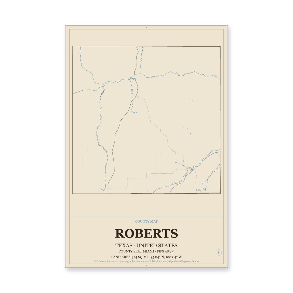Roberts County, Texas Map Aluminum Sign in Heritage Nautical style