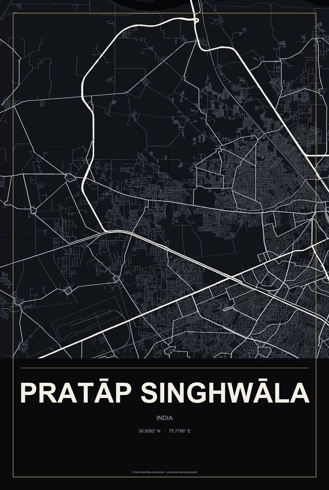 Pratāp Singhwāla, India City Map Aluminum Sign in Metropolitan Noir style