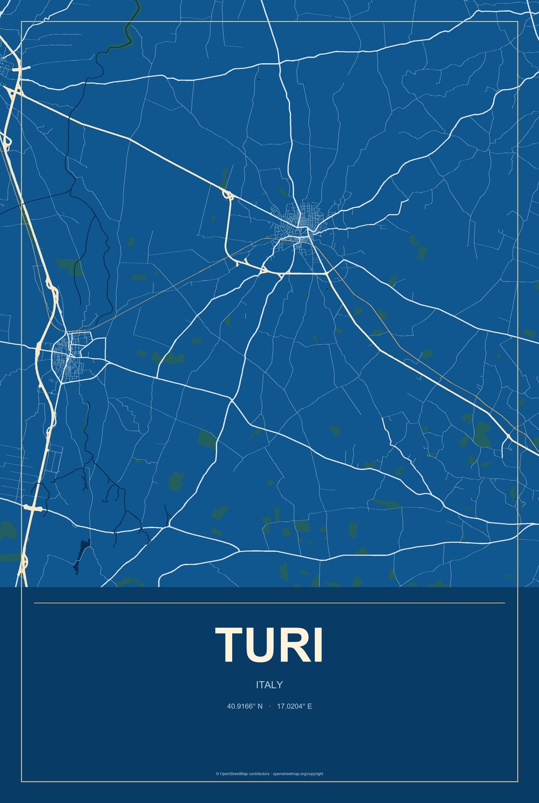 Turi, Italy City Map Aluminum Sign in Harbor Cobalt style