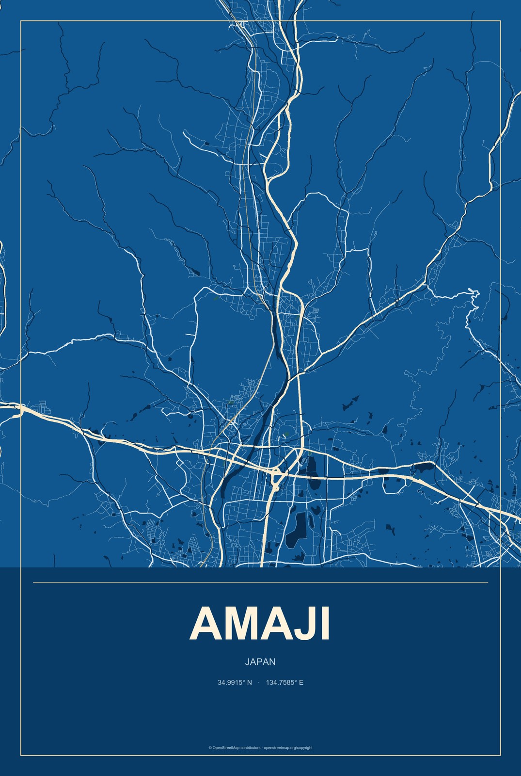 Amaji, Japan City Map Aluminum Sign in Harbor Cobalt style