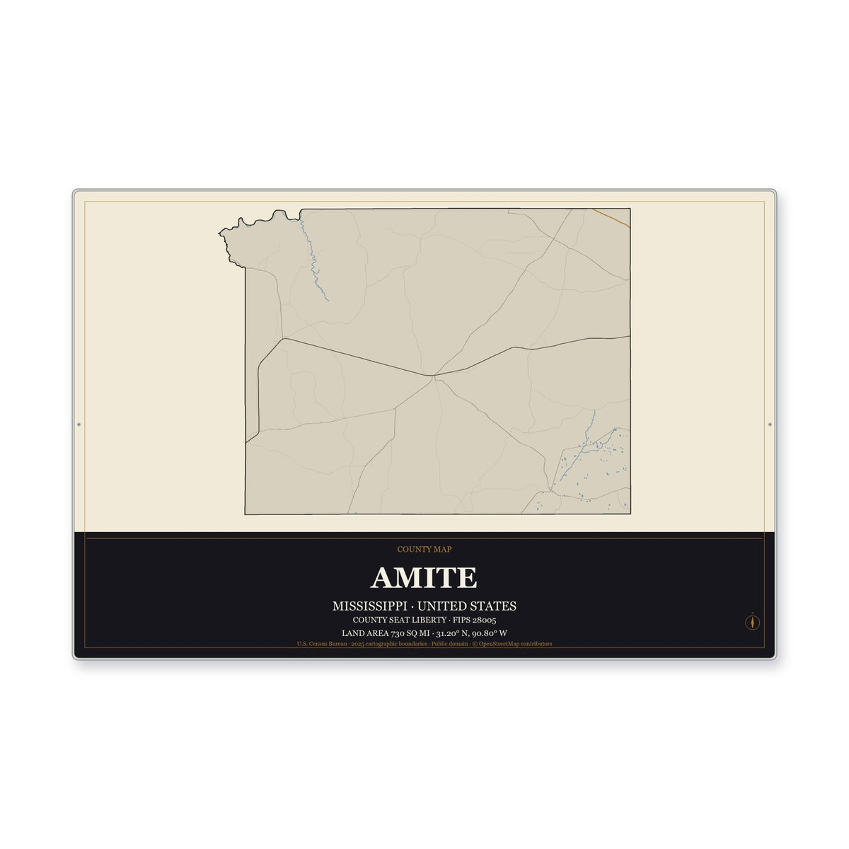 Amite County, Mississippi Map Aluminum Sign in Museum Plaque style