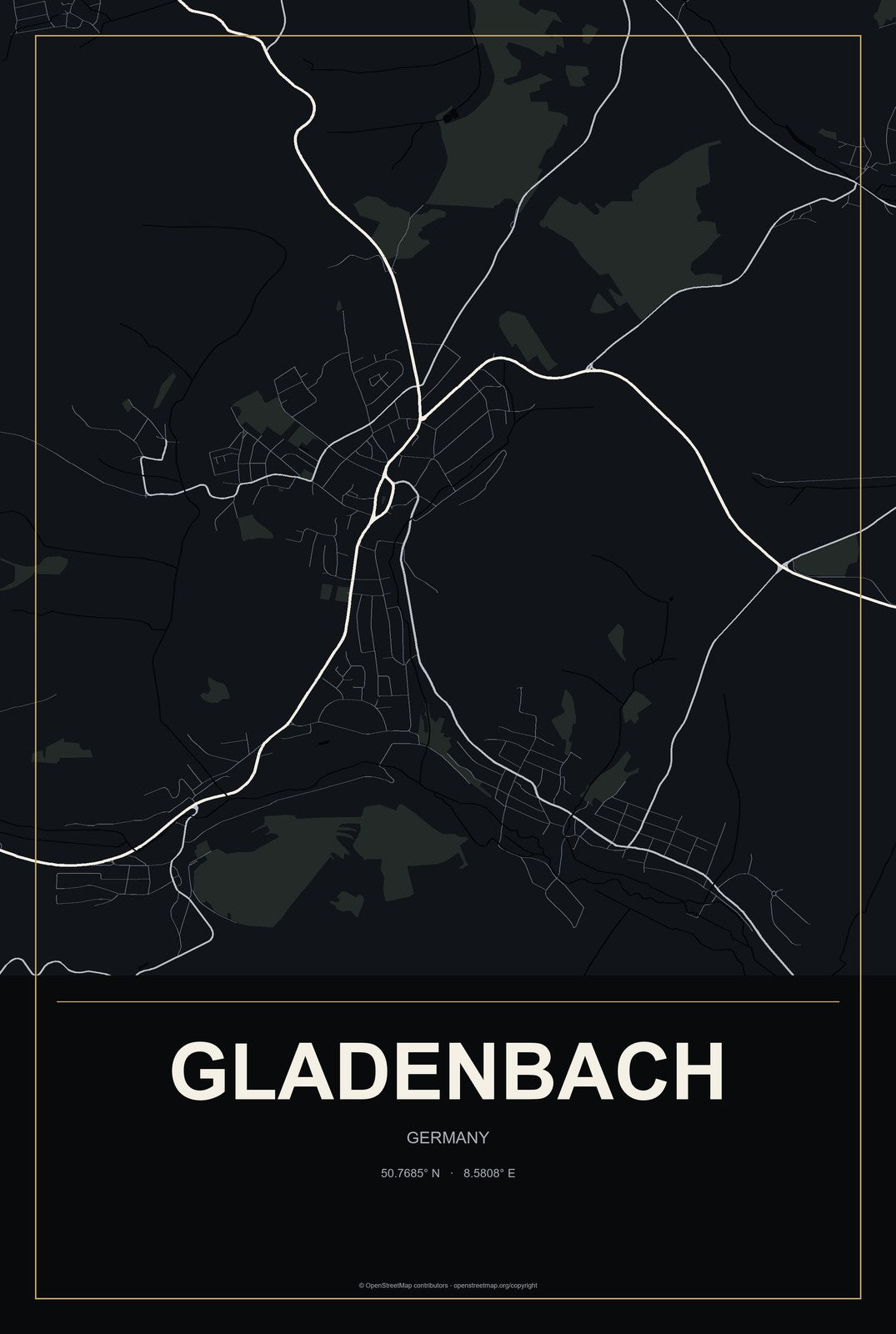 Gladenbach, Germany City Map Aluminum Sign in Metropolitan Noir style