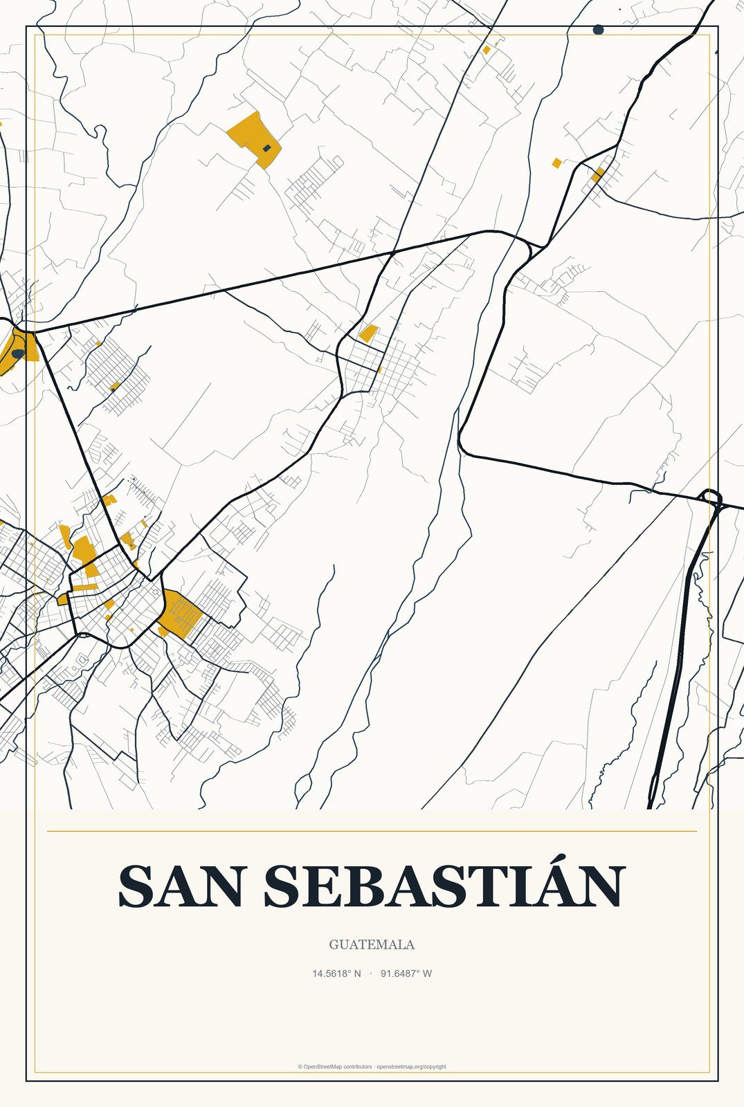 San Sebastián, Guatemala City Map Aluminum Sign in Citrine Modern style