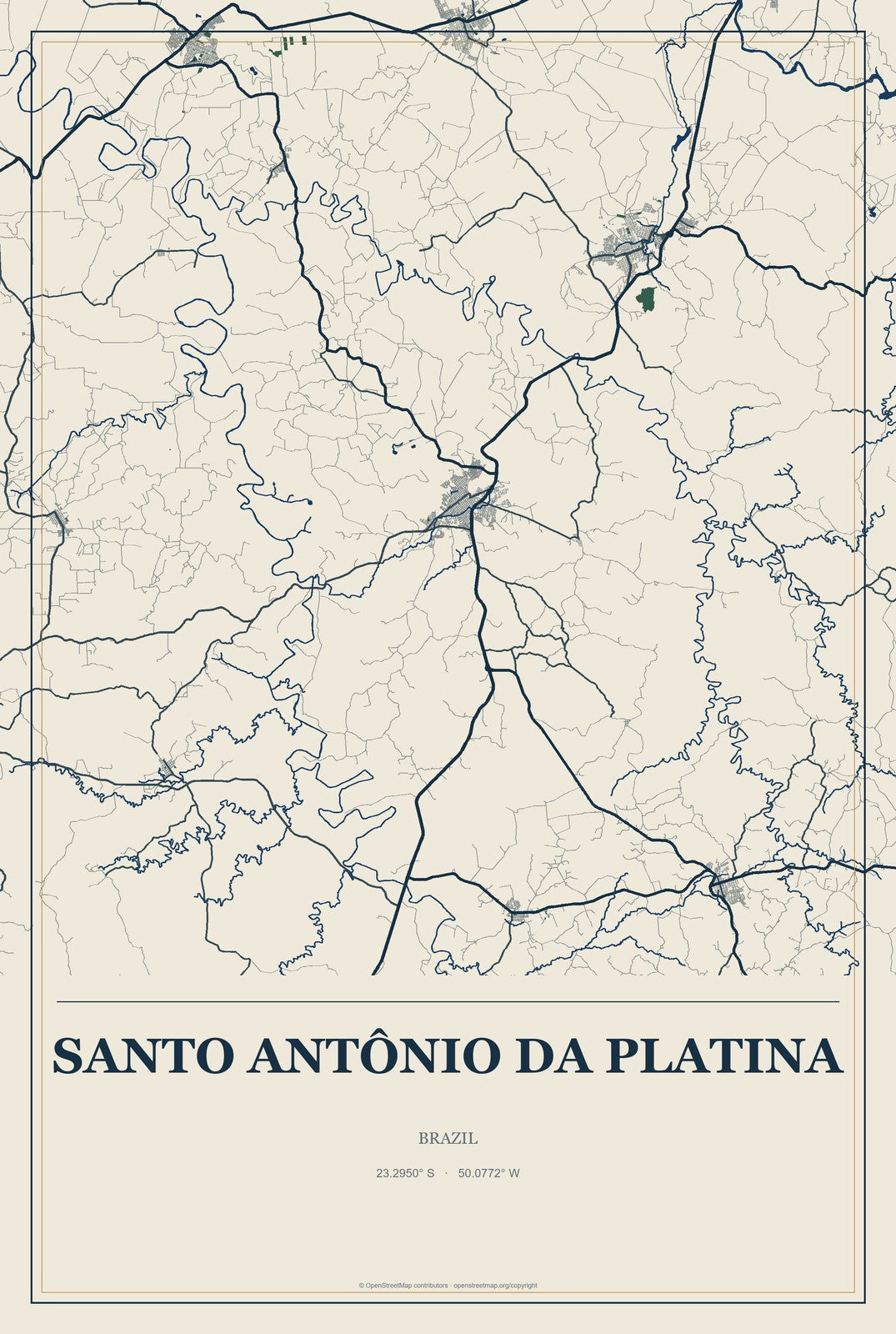 Santo Antônio da Platina, Brazil City Map Aluminum Sign in Coastal Cutout style