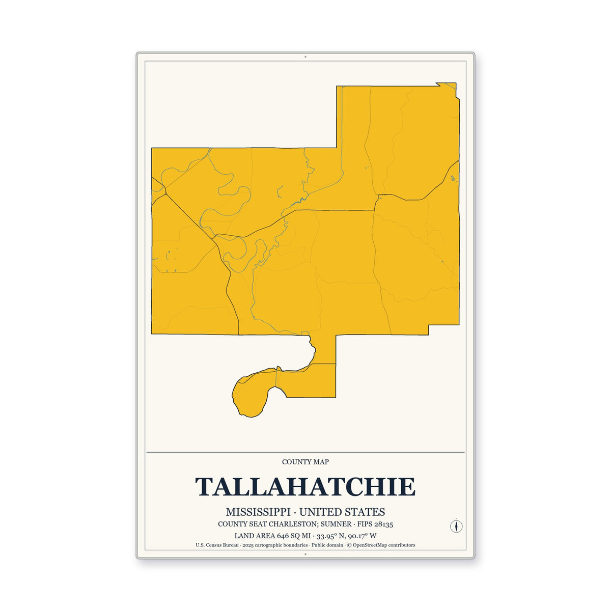 Tallahatchie County, Mississippi Map Aluminum Sign in Citrine Modern style