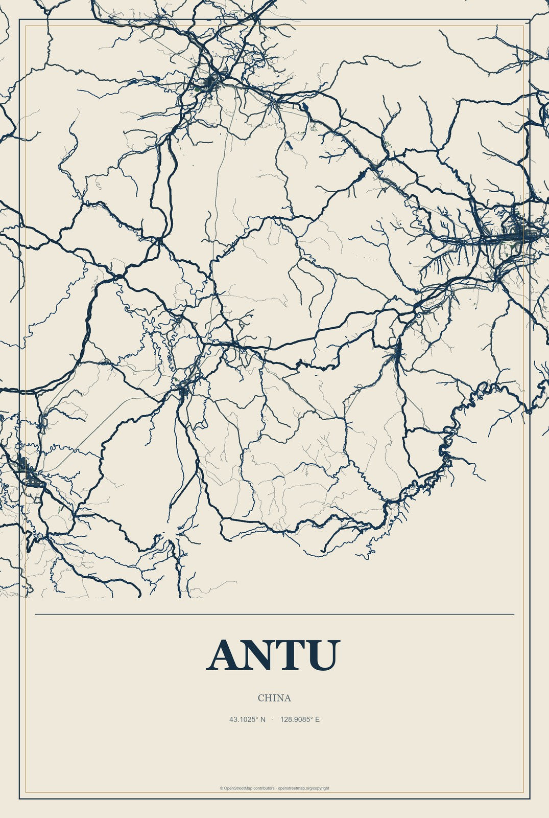 Antu, China City Map Aluminum Sign in Coastal Cutout style
