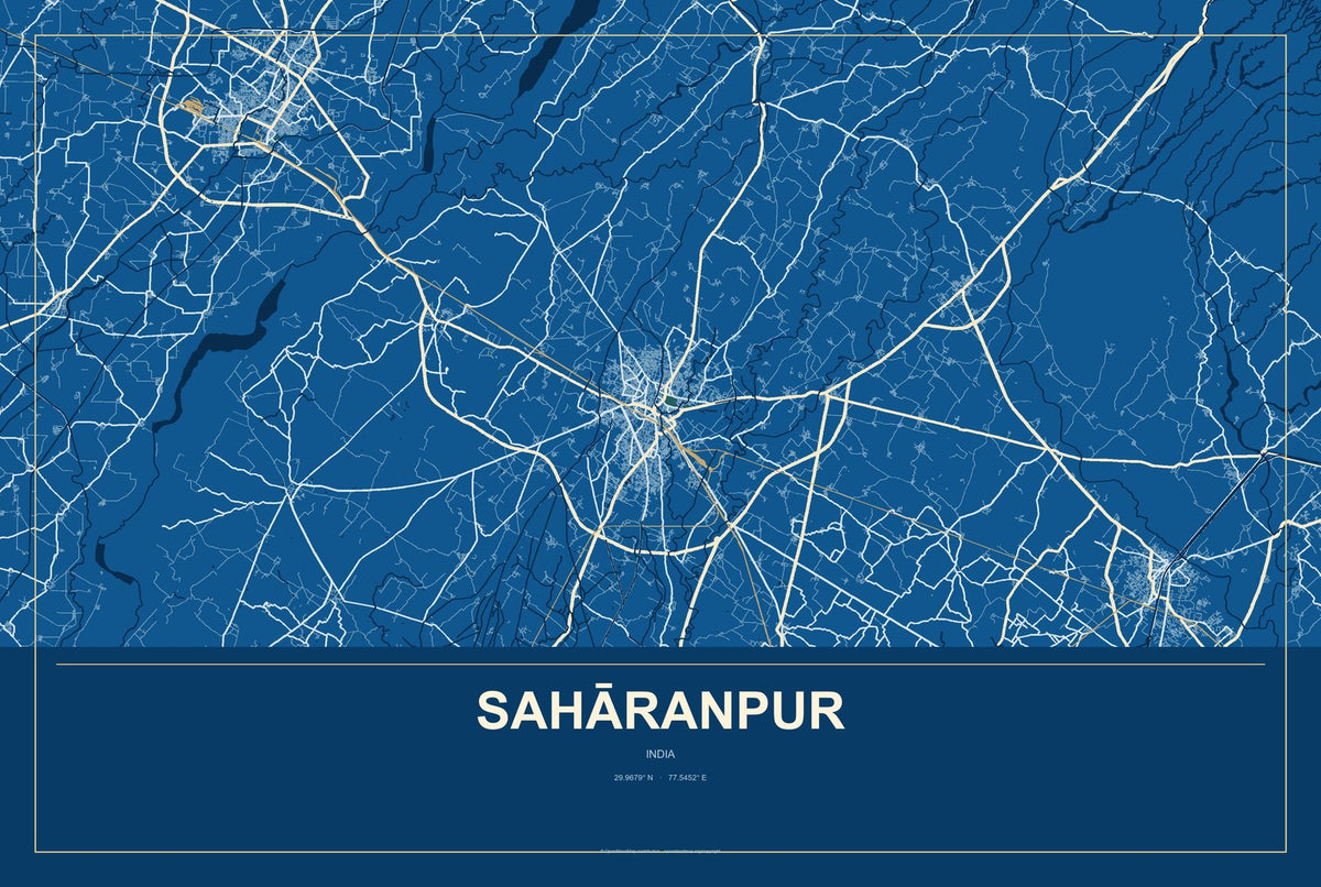 Sahāranpur, India City Map Aluminum Sign in Harbor Cobalt style