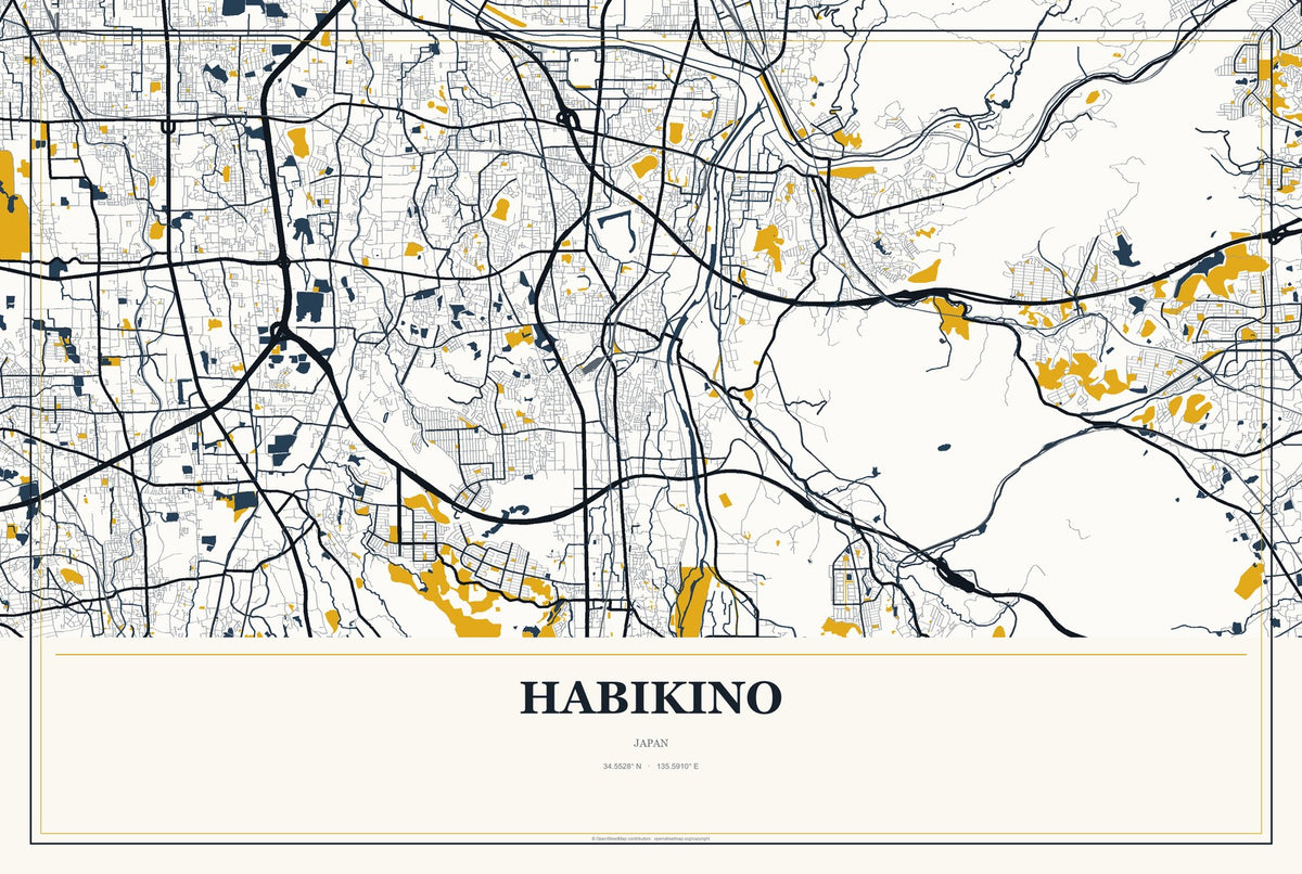 Habikino, Japan City Map Aluminum Sign in Citrine Modern style