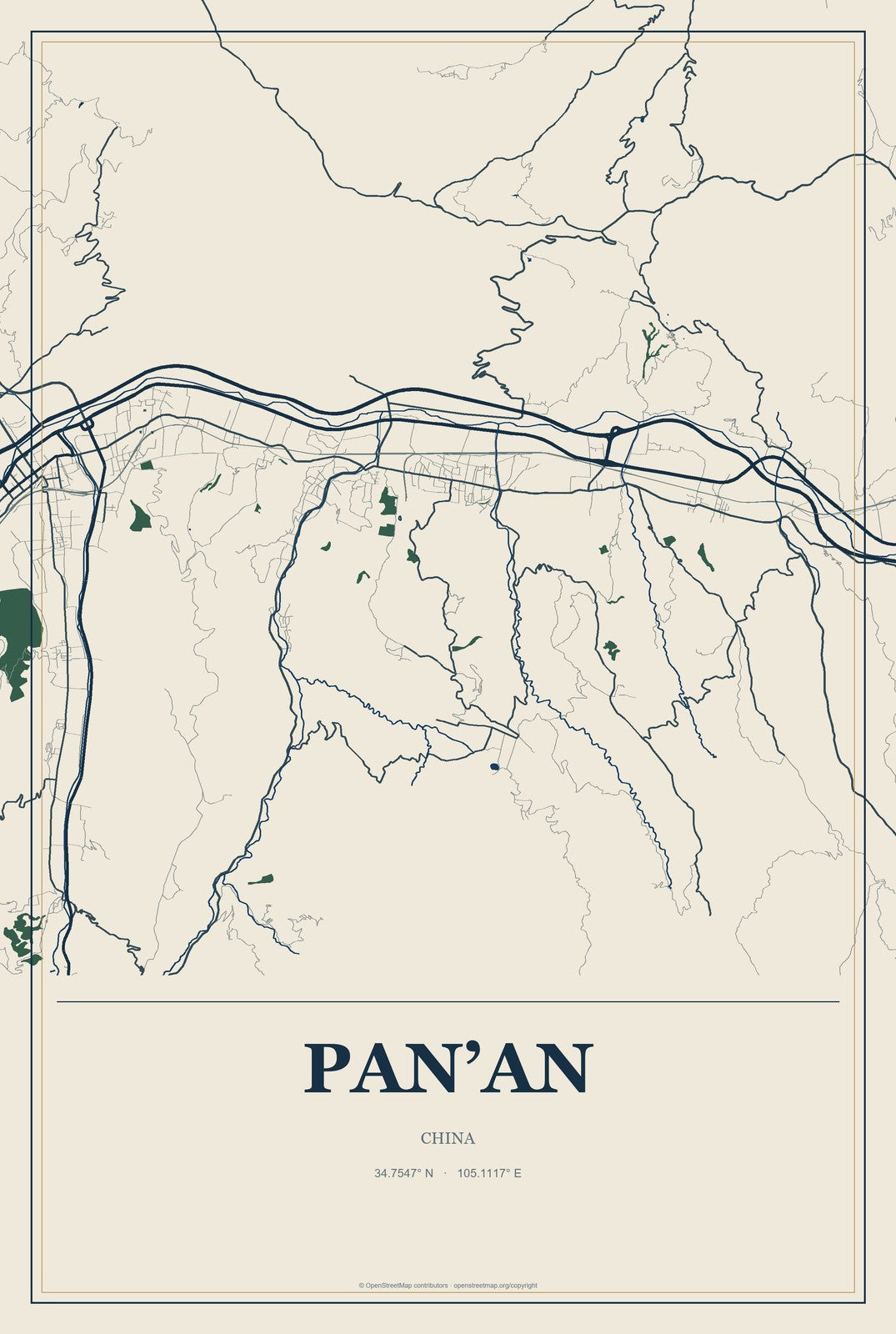 Pan’an, China City Map Aluminum Sign in Coastal Cutout style