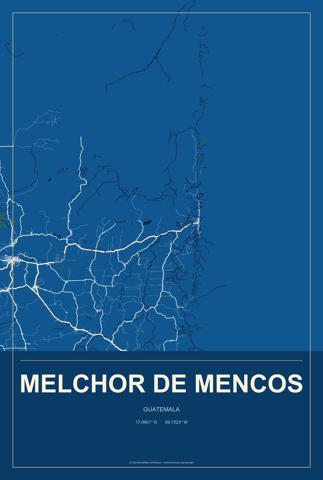 Melchor de Mencos, Guatemala City Map Aluminum Sign in Harbor Cobalt style