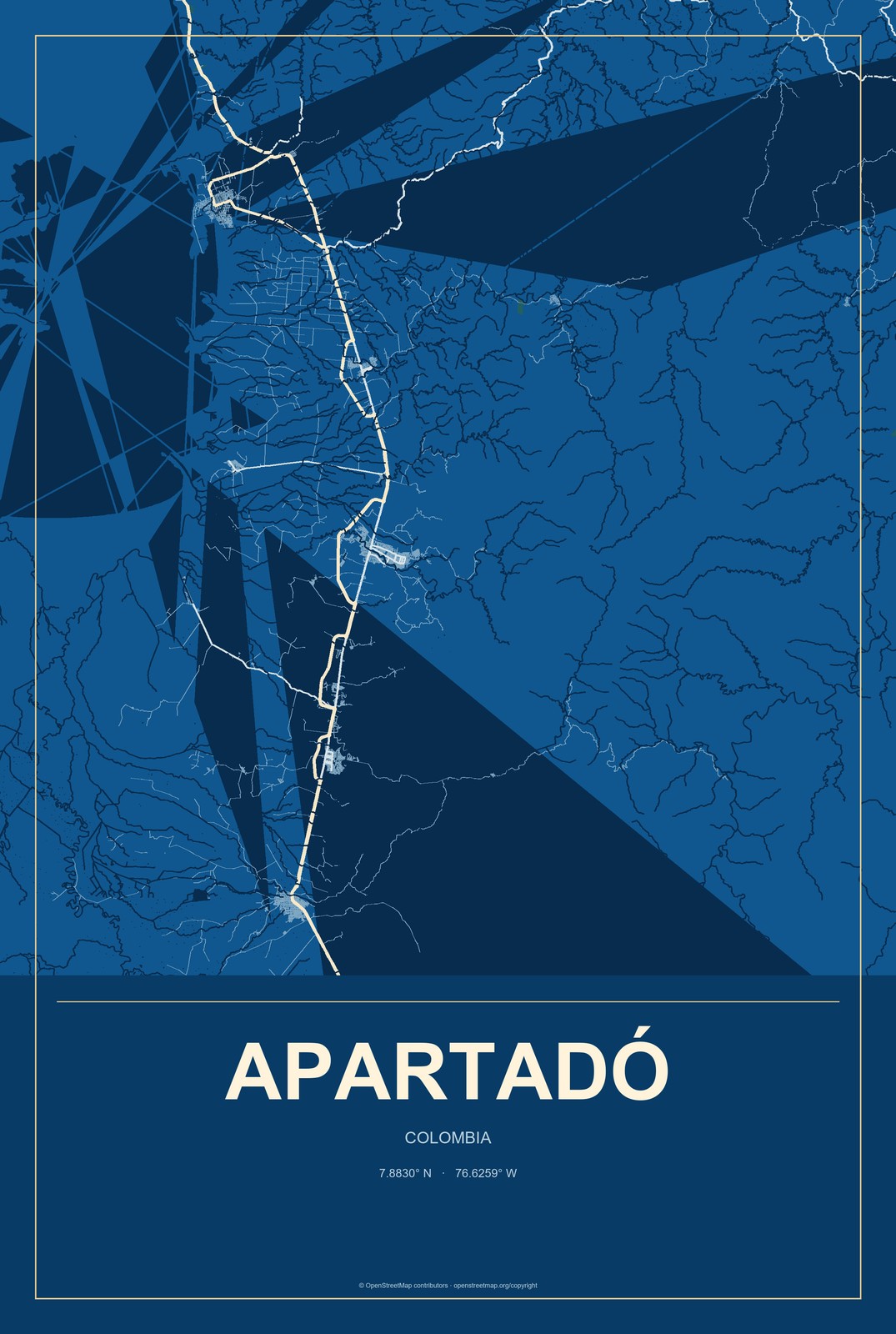 Apartadó, Colombia City Map Aluminum Sign in Harbor Cobalt style