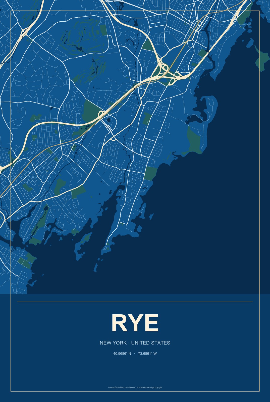 Rye, New York City Map Aluminum Sign in Harbor Cobalt style