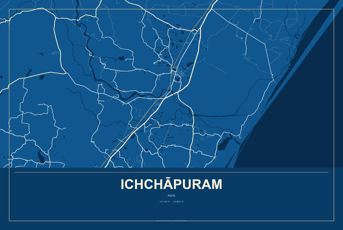 Ichchāpuram, India City Map Aluminum Sign in Harbor Cobalt style