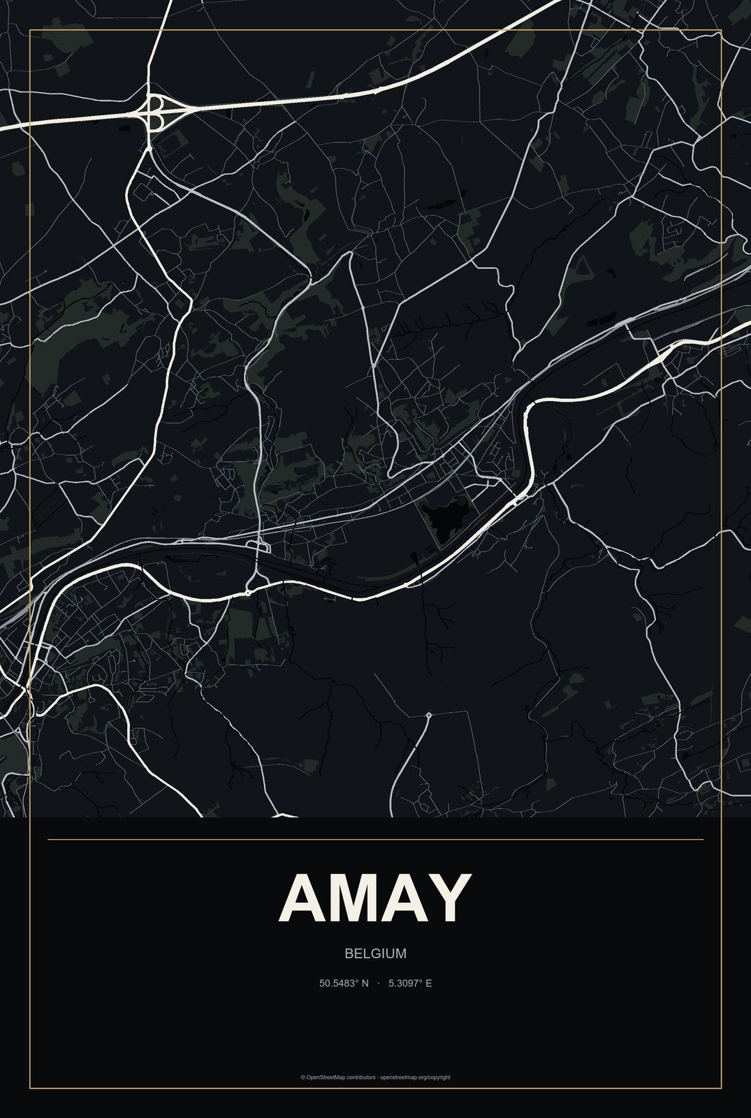 Amay, Belgium City Map Aluminum Sign in Metropolitan Noir style