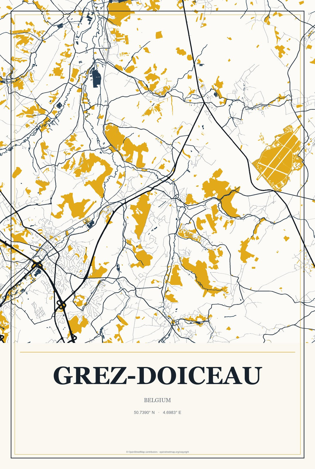 Grez-Doiceau, Belgium City Map Aluminum Sign in Citrine Modern style