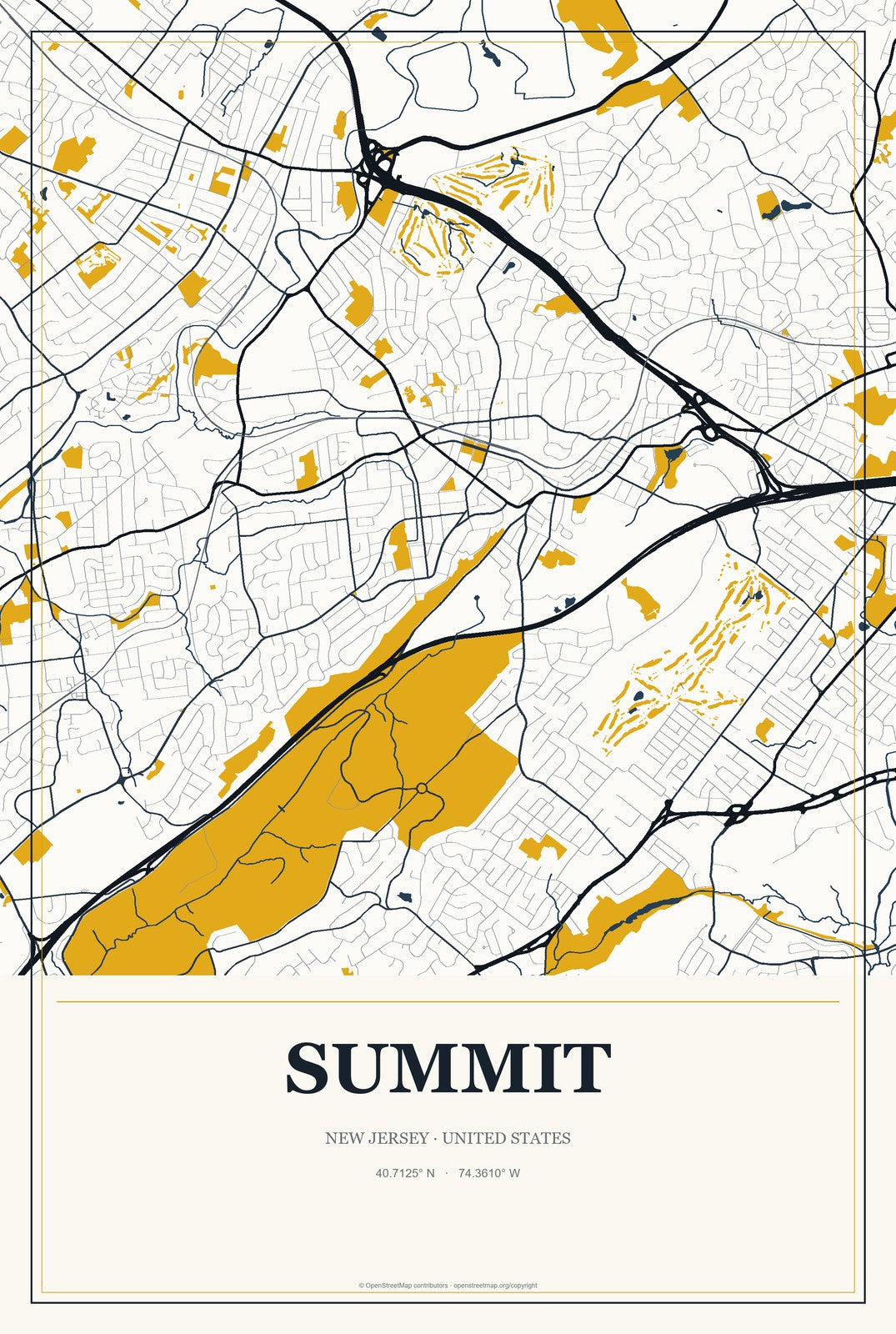 Summit, New Jersey City Map Aluminum Sign in Citrine Modern style