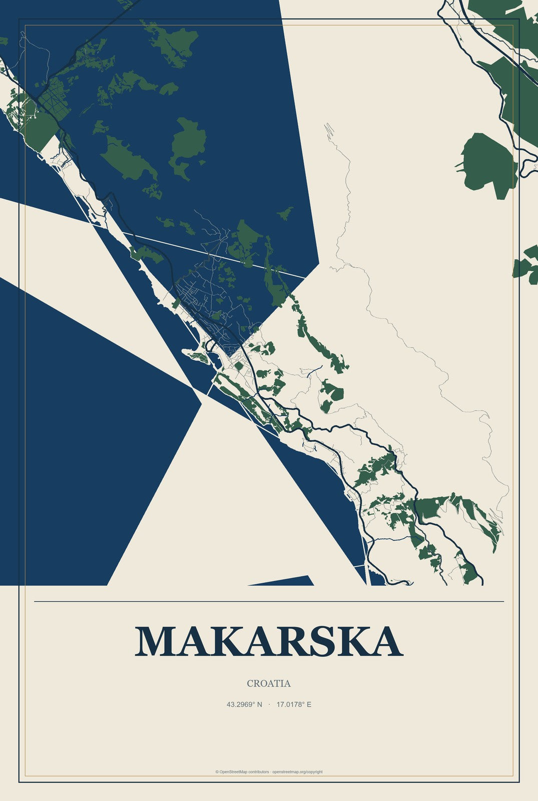 Makarska, Croatia City Map Aluminum Sign in Coastal Cutout style