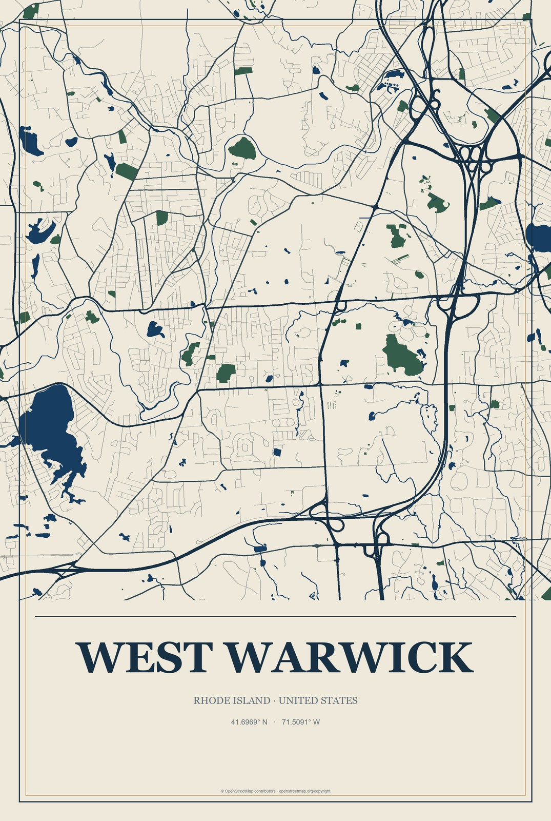 West Warwick, Rhode Island City Map Aluminum Sign in Coastal Cutout style