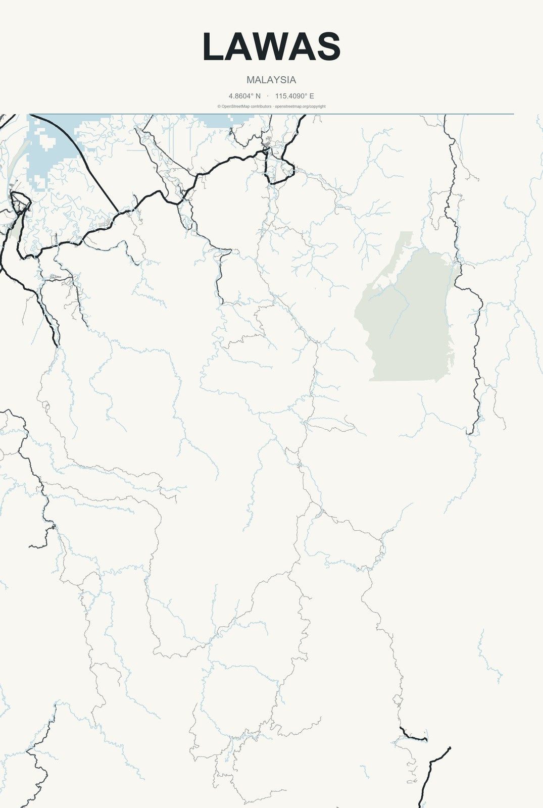 Lawas, Malaysia City Map Aluminum Sign in Headline Atlas style