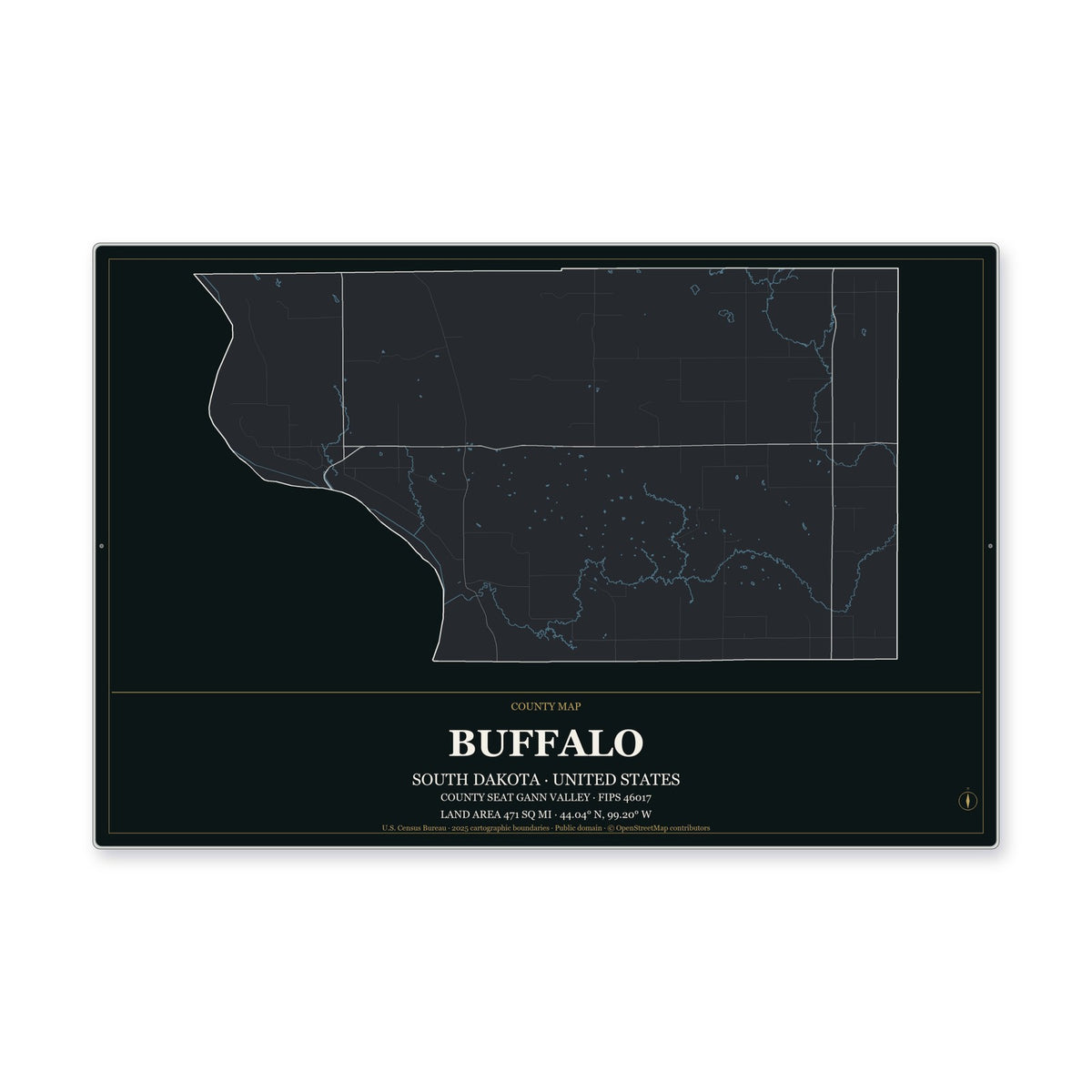 Buffalo County, South Dakota Map Aluminum Sign in Metropolitan Noir style