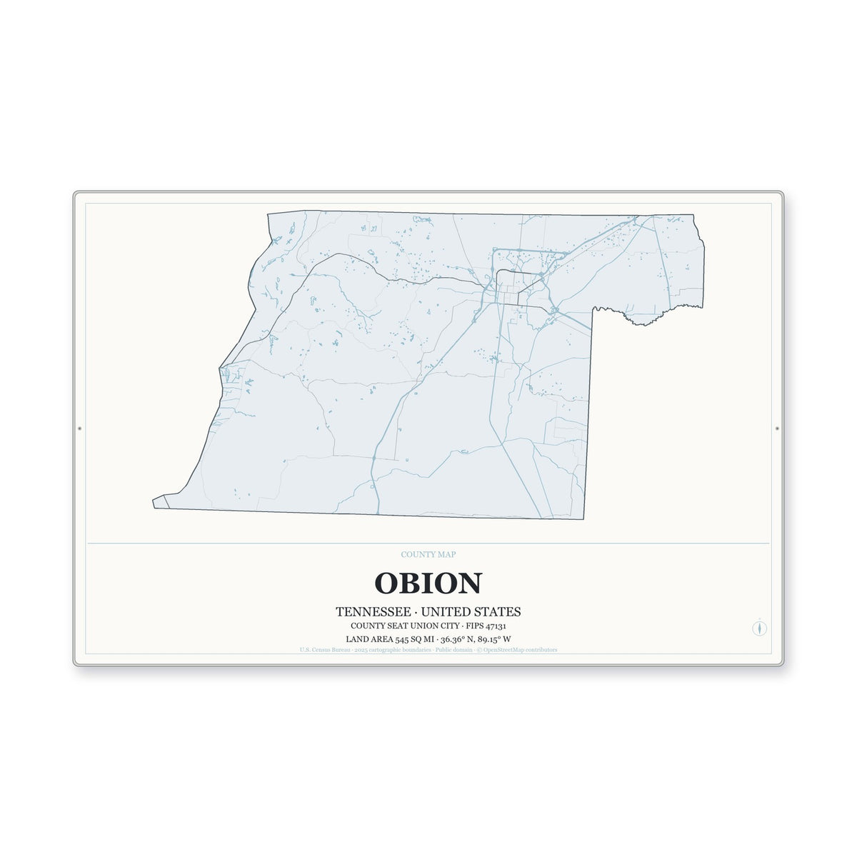 Obion County, Tennessee Map Aluminum Sign in Gallery Air style