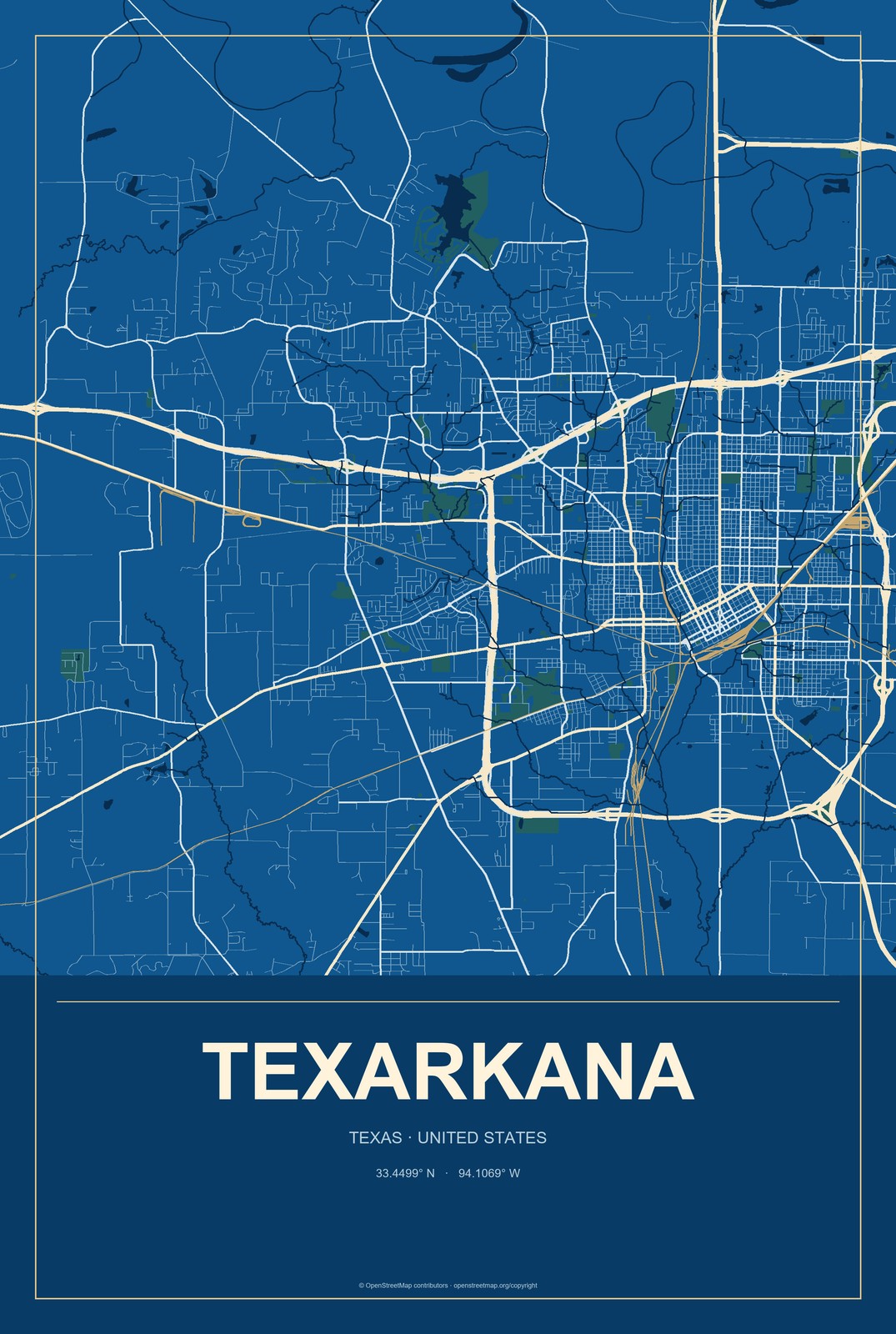 Texarkana, Texas City Map Aluminum Sign in Harbor Cobalt style