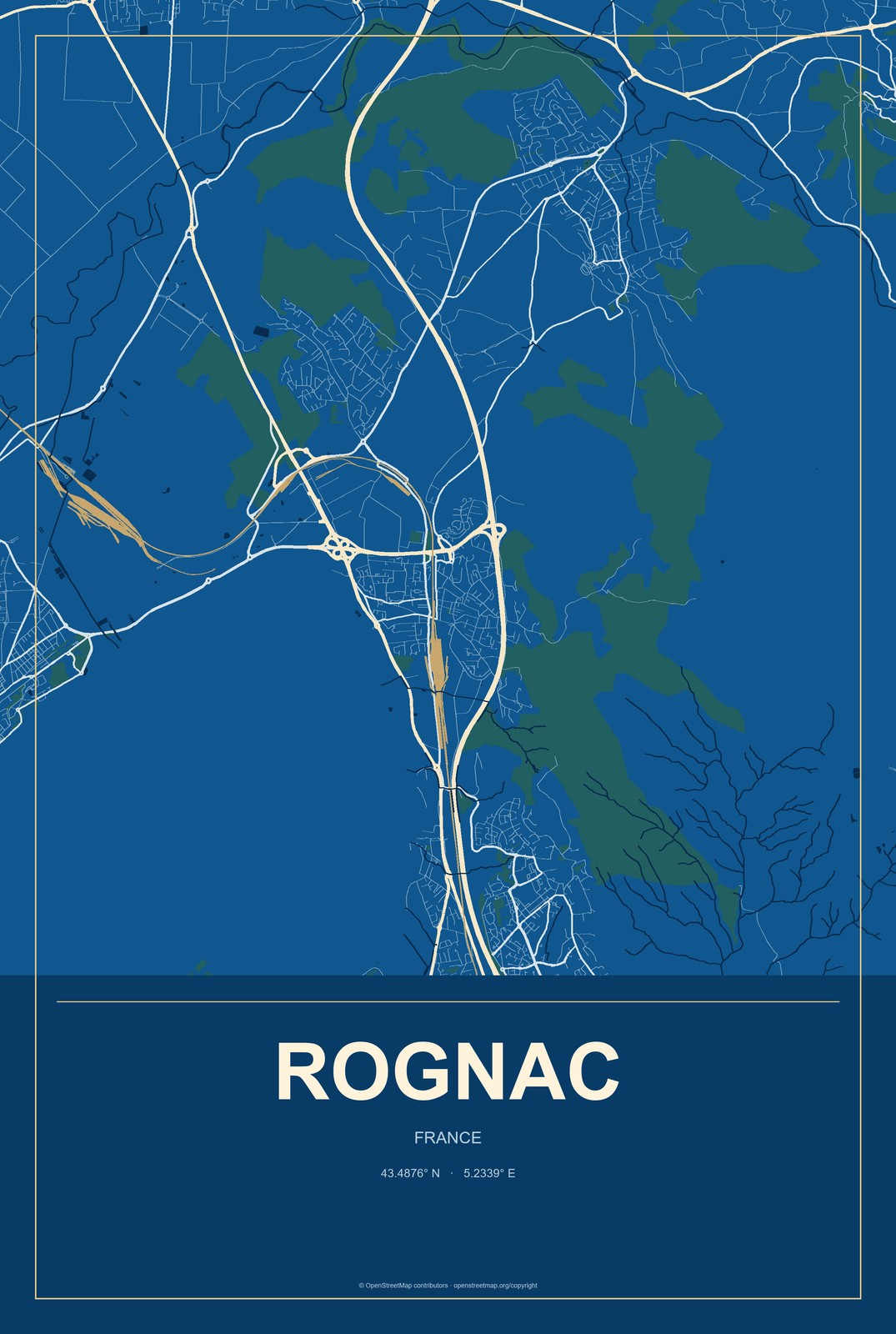 Rognac, France City Map Aluminum Sign in Harbor Cobalt style