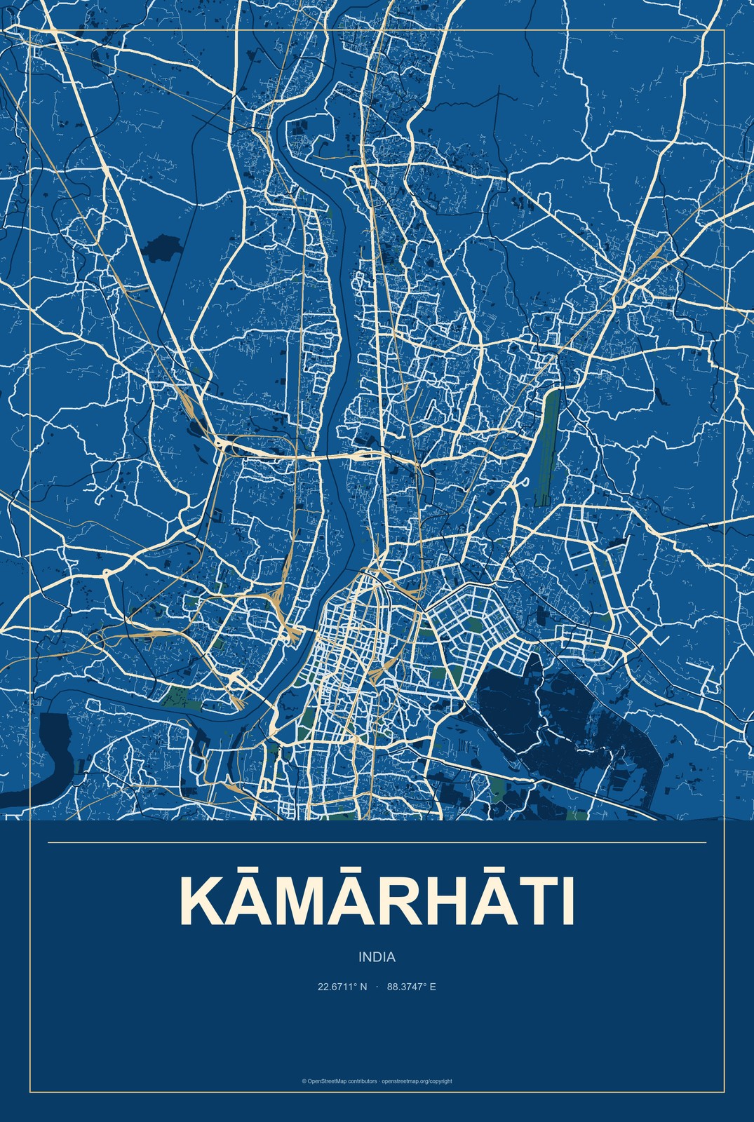 Kāmārhāti, India City Map Aluminum Sign in Harbor Cobalt style