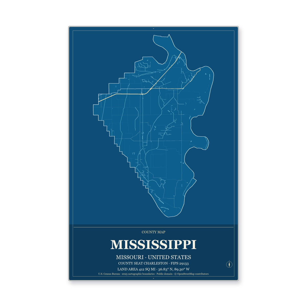 Mississippi County, Missouri Map Aluminum Sign in Harbor Cobalt style