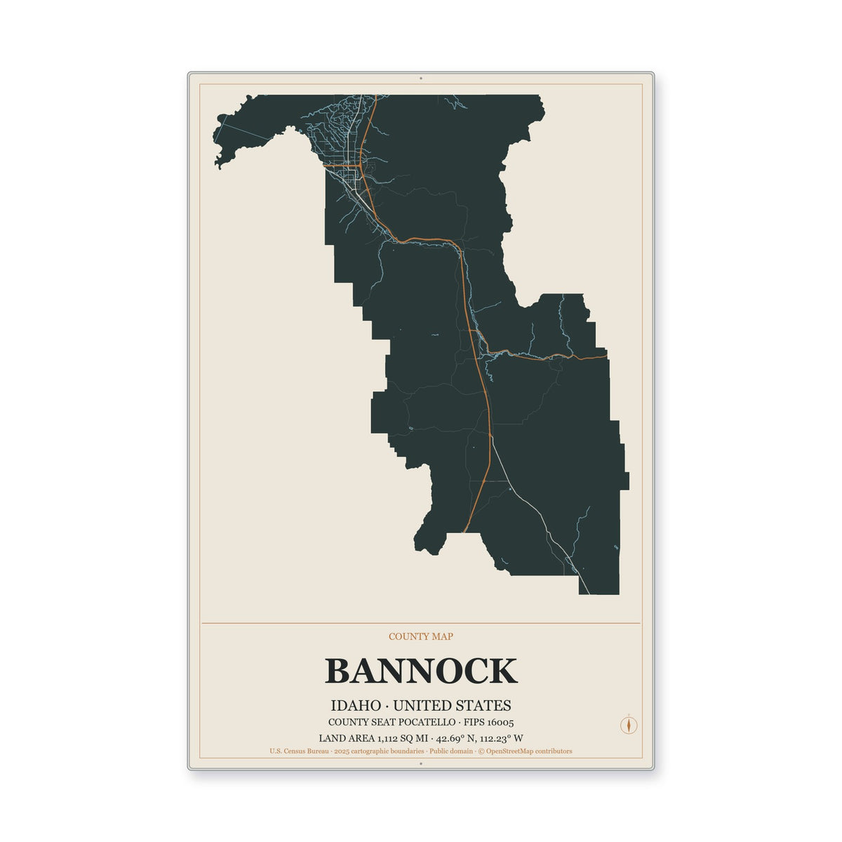 Bannock County, Idaho Map Aluminum Sign in Headline Atlas style