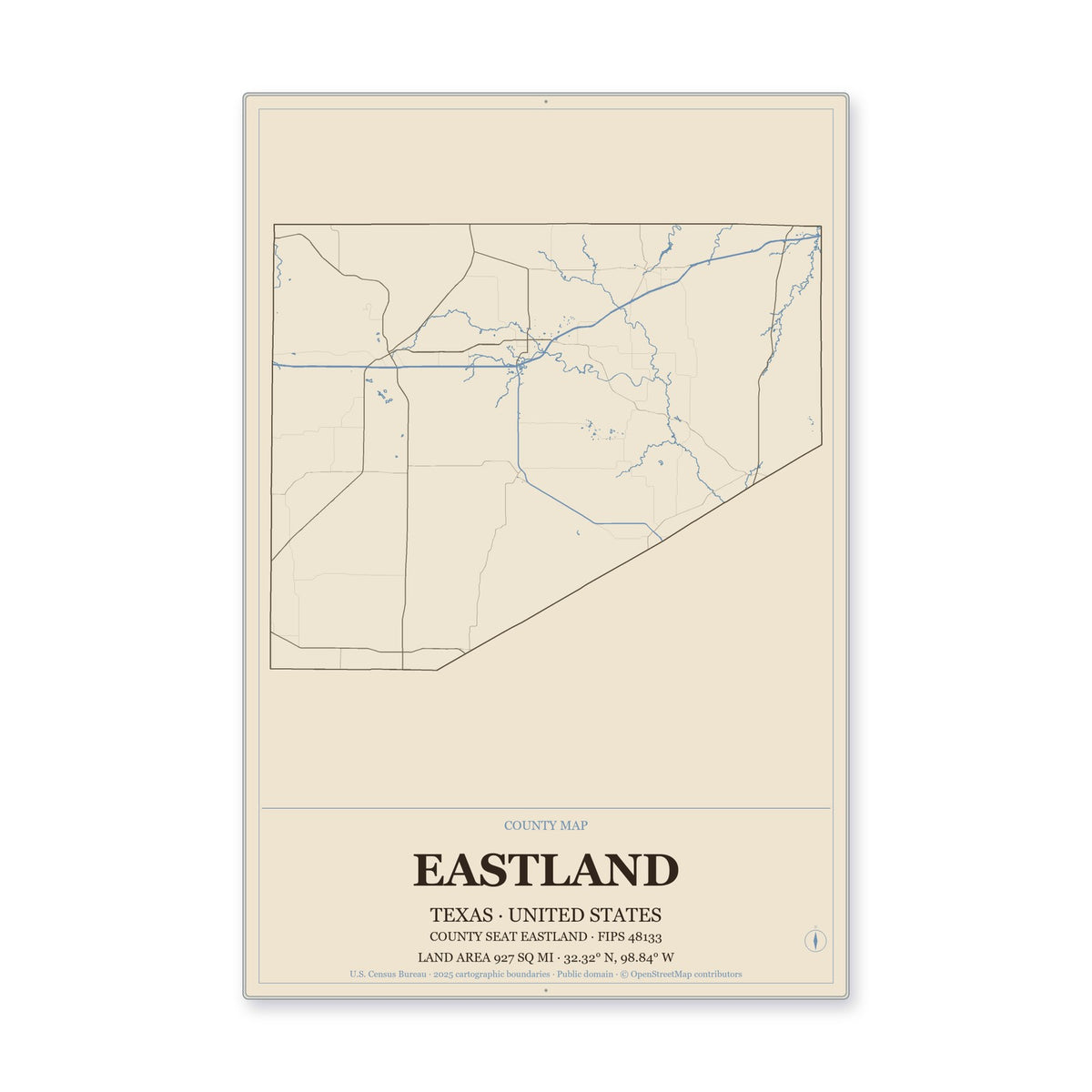 Eastland County, Texas Map Aluminum Sign in Heritage Nautical style