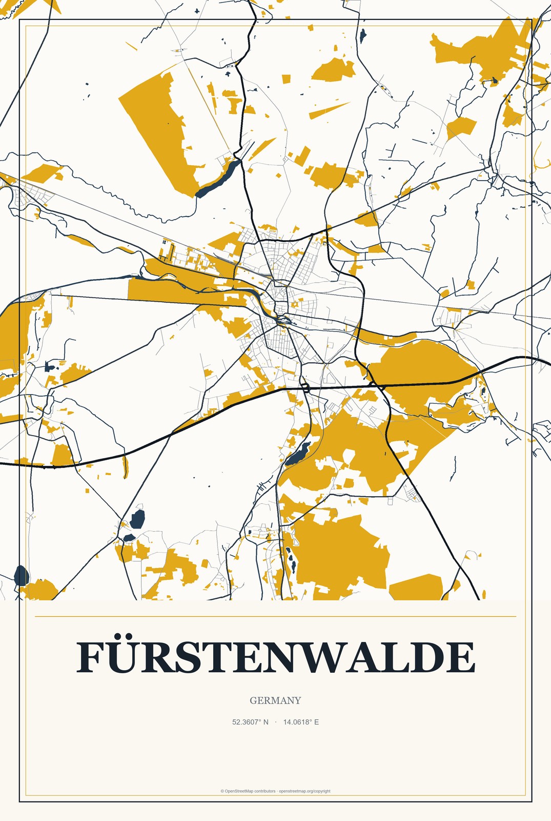 Fürstenwalde, Germany City Map Aluminum Sign in Citrine Modern style
