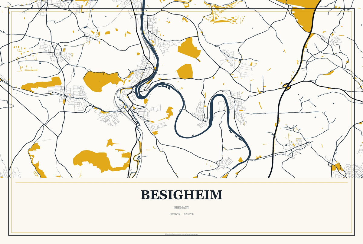 Besigheim, Germany City Map Aluminum Sign in Citrine Modern style