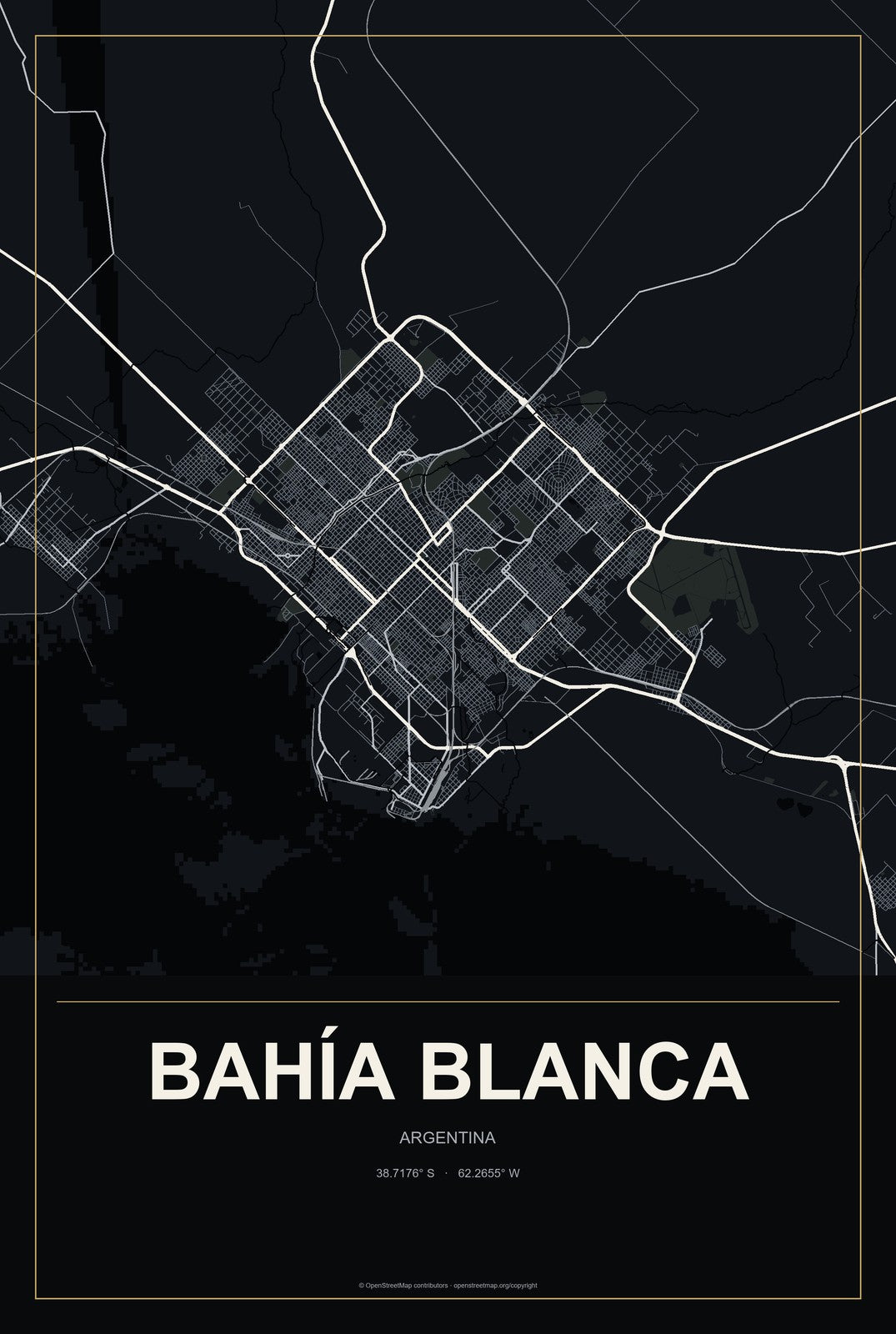 Bahía Blanca, Argentina City Map Aluminum Sign in Metropolitan Noir style