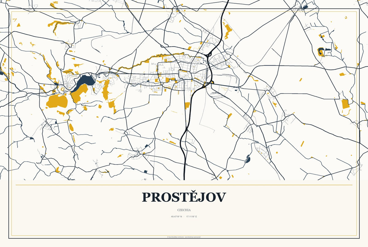 Prostějov, Czechia City Map Aluminum Sign in Citrine Modern style