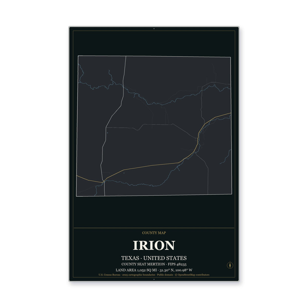 Irion County, Texas Map Aluminum Sign in Metropolitan Noir style